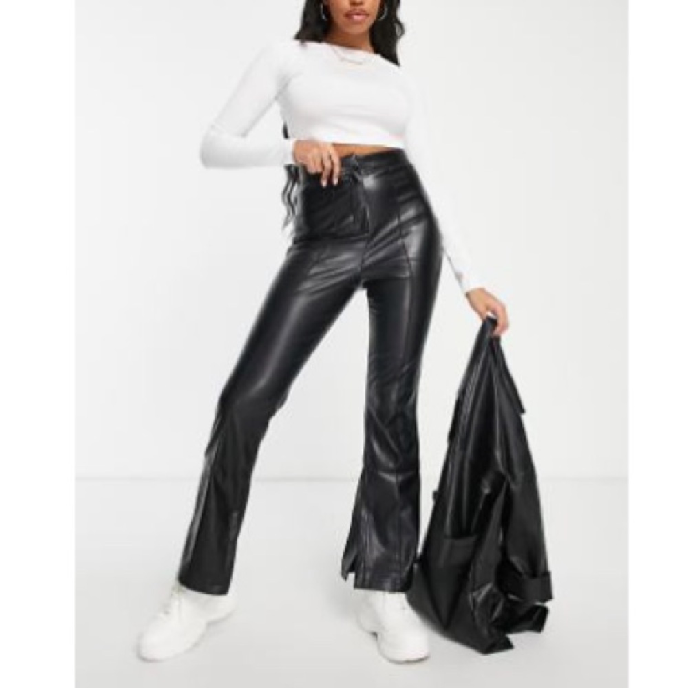 ASOS DESIGN Hourglass leather look kick flare pants in black